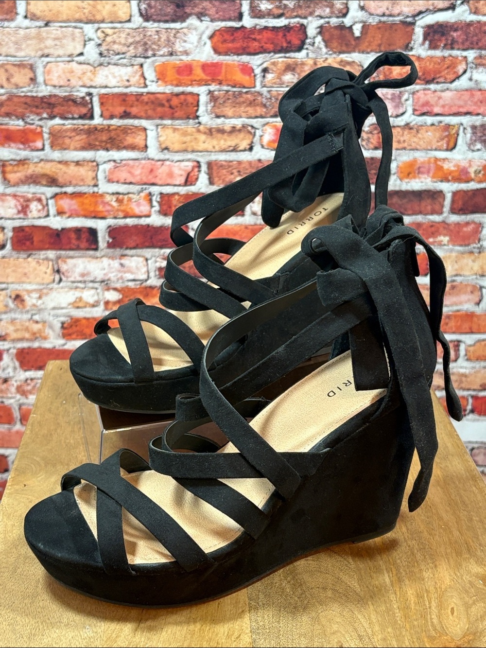 torrid Black Suede Lace-Up Strappy Wrap Wedges Size 12WW